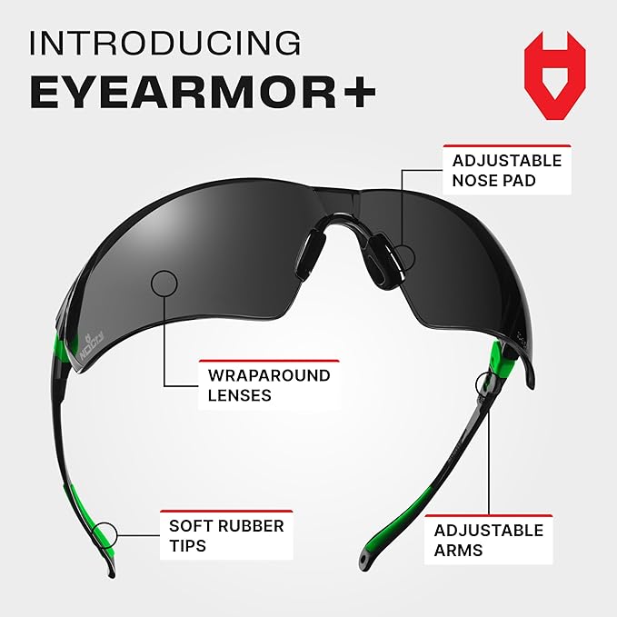NoCry Safety Sunglasses with Green Tinted Wraparound Lenses — ANSI Z87.1 Tinted Safety Glasses for Men and Women with Adjustable Arms and No-Slip Grips — Work Glasses with 100% UV Protection