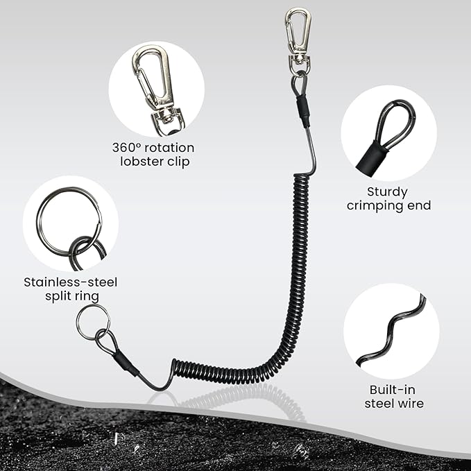 6 pcs Fishing Coiled Lanyards, Heavy-duty Retractable Keychain Pole Tether, Safety Leash Steel Wire & Carabiner Clip