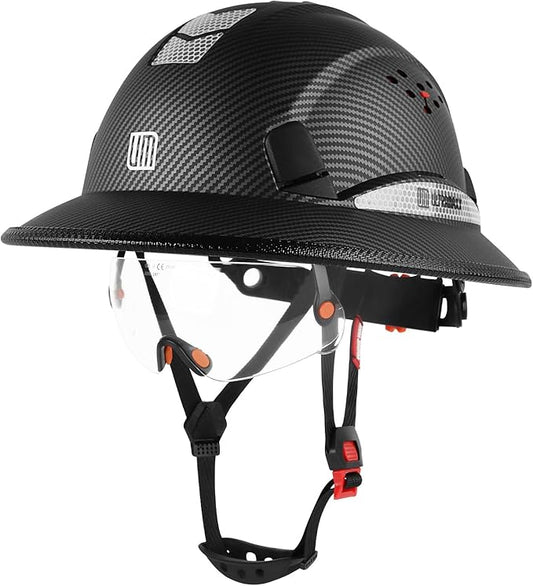 Full Brim Hard Hat with Built-in Visor, ANSI Z89.1 OSHA Approved Construction Safety Helmet with Chin Strap for Men Women