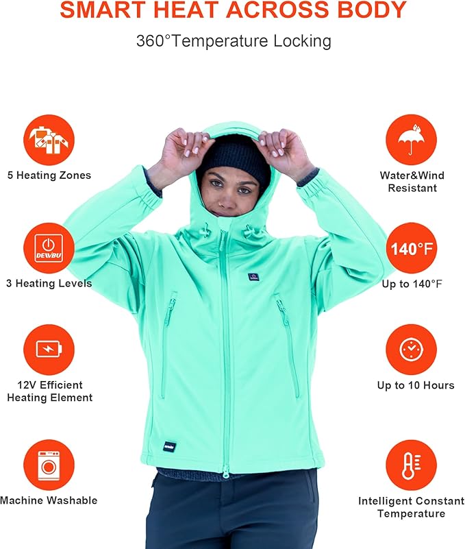 DEWBU Heated Jacket for Women with 12V Battery Pack Winter Outdoor Soft Shell Electric Heating Coat