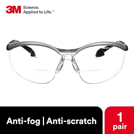 3M Safety Glasses, BX Dual Readers, +2.0, ANSI Z87, Anti-Fog Clear Lens, Silver/Black Frame, Adjustable Length Temples and Lens Angle
