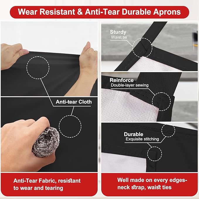 3 Pcs Dual Waterproof Oilproof Kitchen Chef Aprons with 4 Pockets for Men Women, Adjustable Soft Anti-Tear Cooking Bib Apron for Baking Grilling BBQ Painting Cleaning (Black)
