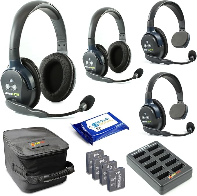 Eartec UL422 Ultralite Full Duplex Wireless Headset Communication for 4 Users - 2 Single Ear and 2 Dual Ear Headsets with SolidSignal Cleaning Wipes Bundle
