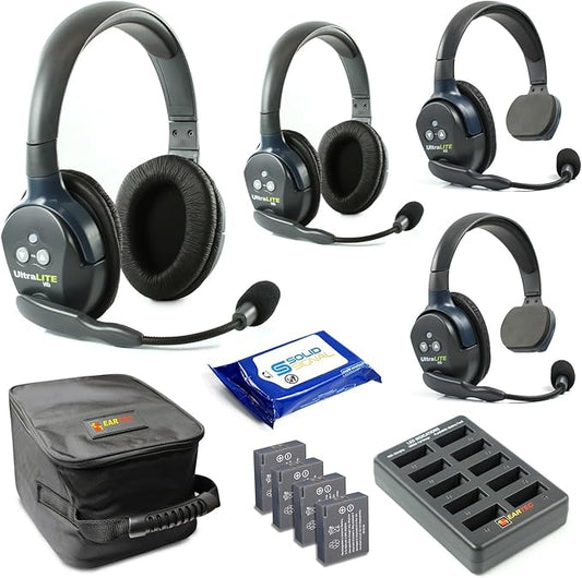 Eartec UL422 Ultralite Full Duplex Wireless Headset Communication for 4 Users - 2 Single Ear and 2 Dual Ear Headsets with SolidSignal Cleaning Wipes Bundle