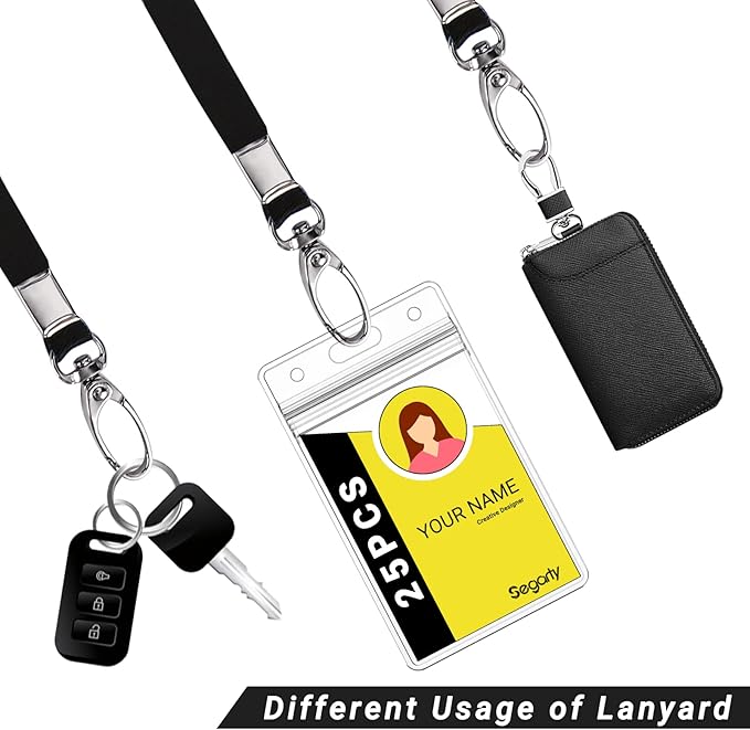 Segarty Lanyards with ID Holder, 25 Pack Vertical Clear Plastic Badge Name Tags Key Card Holders, Black Strap Clips Waterproof Ziplock Nametag Protector for Women, Business, Student, School, Office