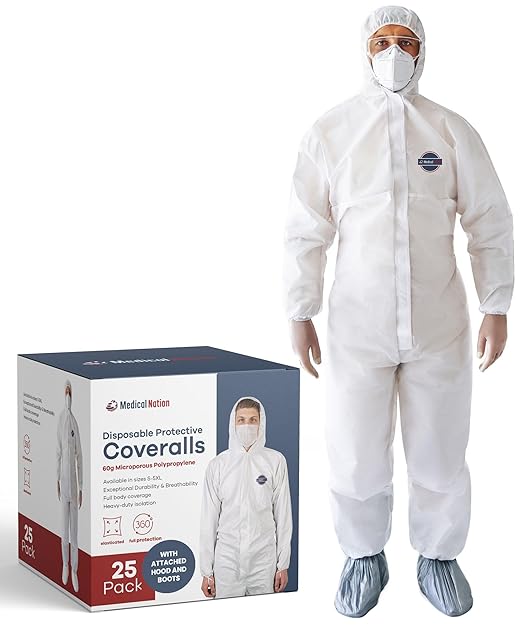Hazmat Suits Disposable | 25 Pack | Protective Coveralls with Attached Hood and Boots | Heavy Duty Full Body Painters Suit for Adults - Breathable & Water Resistant | Extra Large