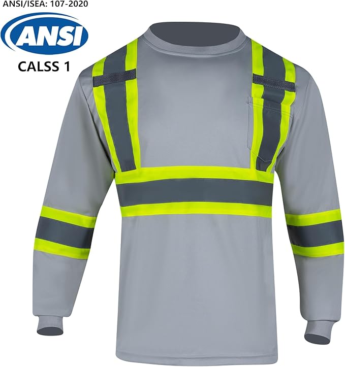 VENDACE Men's High Vis Safety Work T Shirt ANSI Class 1 Reflective Long Sleeve Shirt with Pocket(Grey,M)