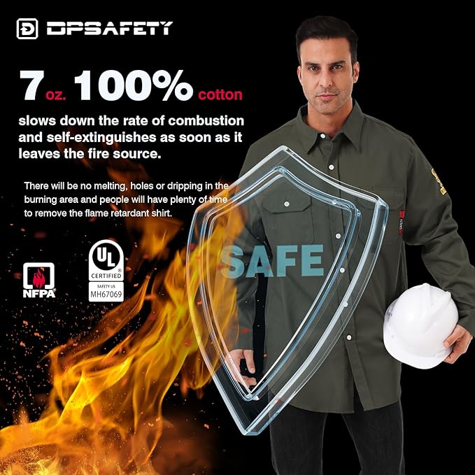 FR Shirts for Men 7oz Hi Vis Fire Resistant Shirts NFPA CAT2 Welding Shirt 100% Cotton Flame Resistant Shirt Dark Green(Large)