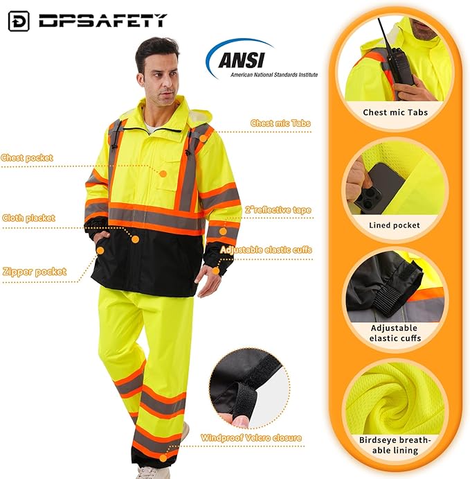 Hi Vis Safety rain Jacket，Reflective Class 3 Rain coat with Inner Mesh Lining and Pockets High Visibility Waterproof work Rain Suits for men&women（Yellow,4XL/5XL）