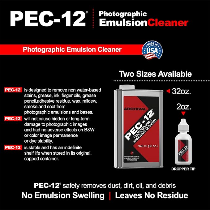 PEC-12 Photographic Emulsion Cleaner - Non-Water Based Stain, Grease, and Ink Remover from Emulsions and Bases for Cleaning Film, Photo Negatives, B&W Slide - Can (32oz)