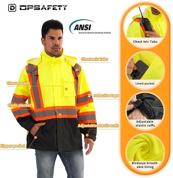 Reflective Rain jackets for men waterproof,Hi Vis Safety Coat With Reflective Strips，High Visibility Class 3 Rain jackets With 2 large pockets,Zipper,Lime,LG/XL