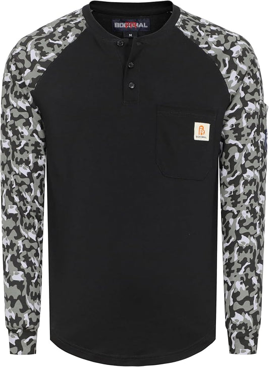 BOCOMAL FR Shirts for Men 5.5oz Lightweight Long Sleeve Work Henley Fire Resistant Shirt CAT2