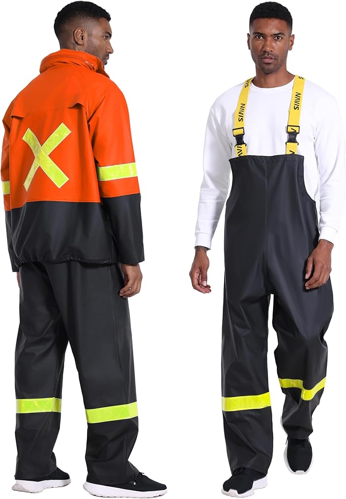Men's Workwear PRO Rain Suit - Waterproof Jacket and Bib Pants 3-piece Set for Ultimate Safety and Comfort