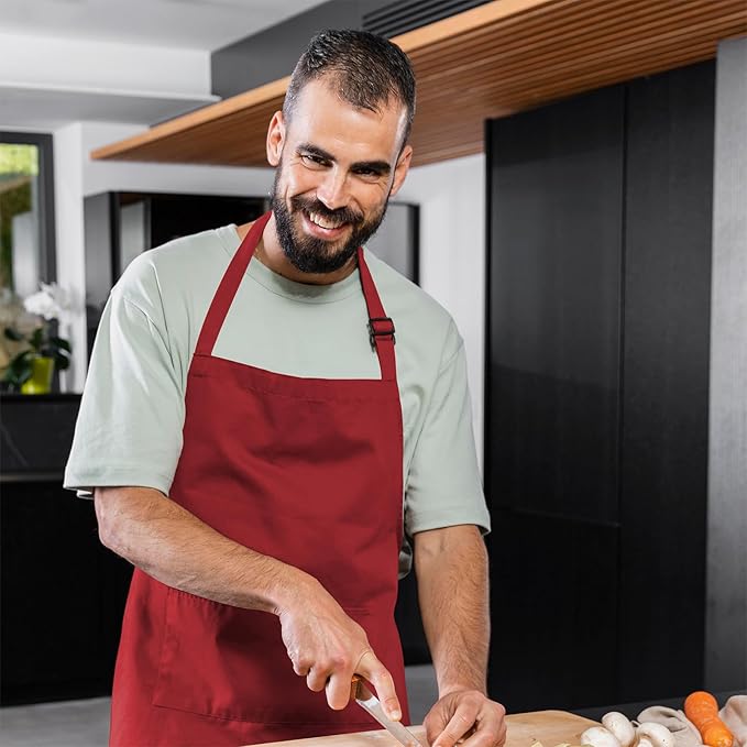 Adjustable Bib Apron 100% Polyester Kitchen Aprons Waterdrop Resistant Aprons with Adjustable Strap, Pockets & Long Ties