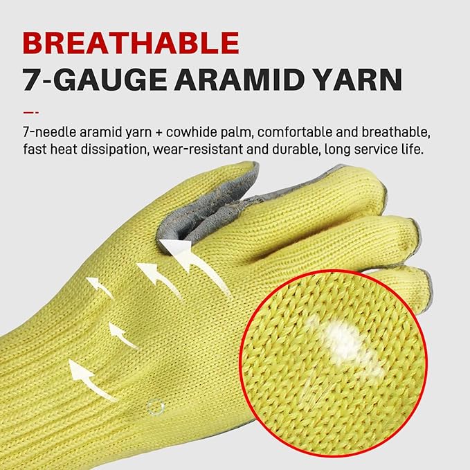Heat Cut Resistant Gloves,Aramid leather Oven Gloves with Fingers,Heat Resistant Up to 450°F, Thick Knit Design- Grill Mitts for Men & Women(Aramid leather, Medium)