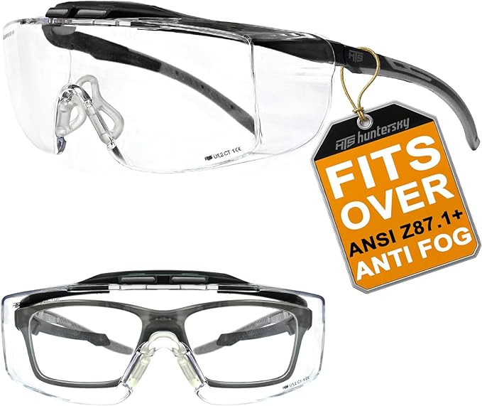 HUNTERSKY ANSI Z87 Anti Fog Lab Safety Glasses Fit Over Eyeglasses Up to 1.88 inch 100% UV Protective Goggles