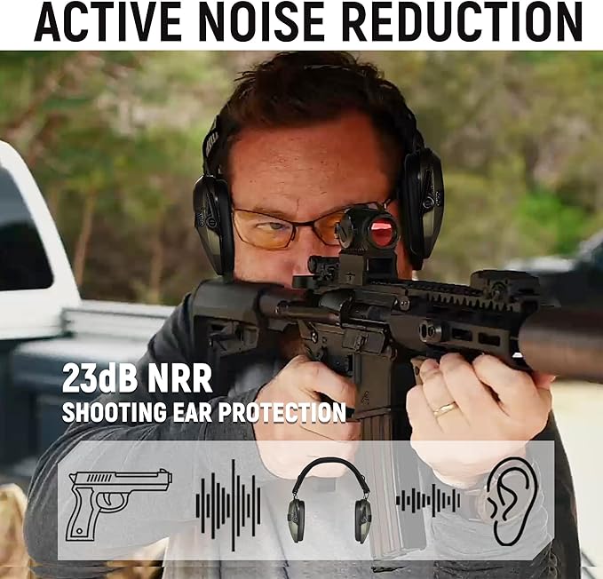 Shooting Ear Protection for Gun Range, Active Noise Reduction NRR 23dB, Shooting Ear Muffs Hearing Protection