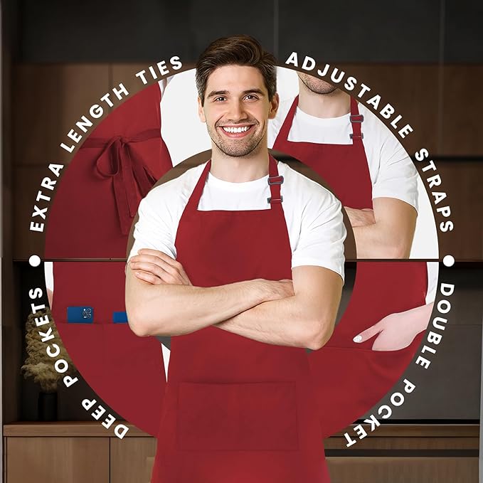 Adjustable Bib Apron 100% Polyester Kitchen Aprons Waterdrop Resistant Aprons with Adjustable Strap, Pockets & Long Ties
