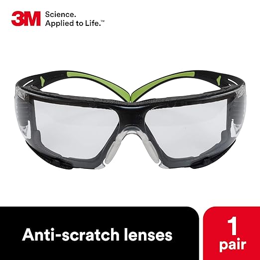 3M Safety Glasses for Men and Women, SecureFit 400, ANSI Z87 Eye Protection, Indoor/Outdoor Anti-Scratch Mirror Lens, Green/Black Frame, Removable Foam Gasket, Flexible Temples, UV Protection