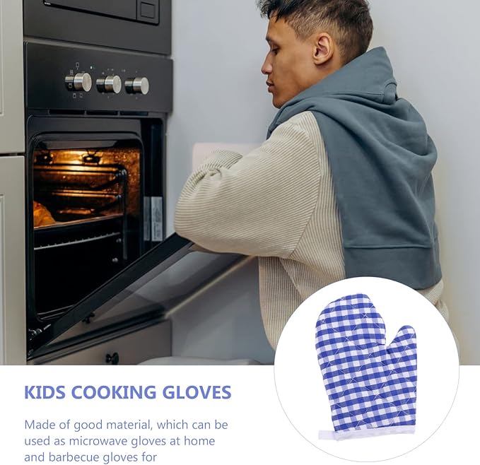 2Pcs Oven Mitts for Play Kitchen, Anti- Scald Gloves Microwave Oven Gloves Kitchen Mitts for Safe Baking Cooking ( Dark Blue Checkered )