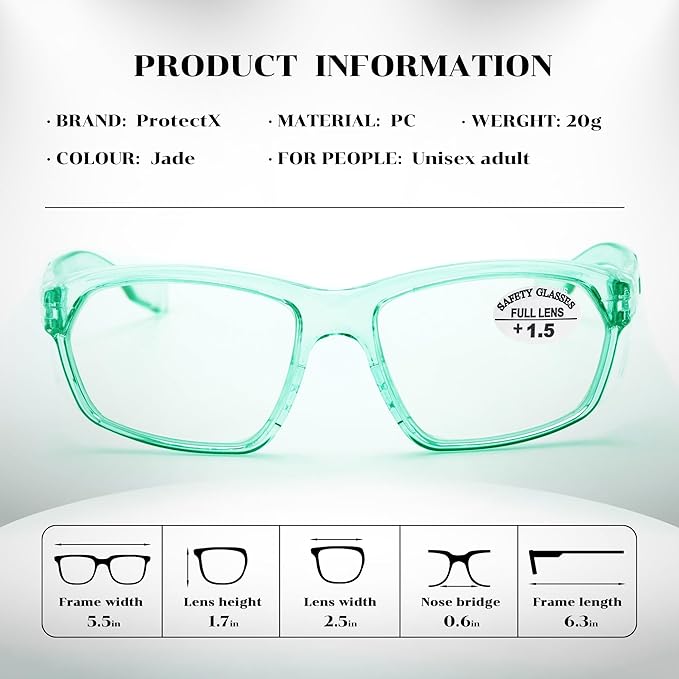 ProtectX Stylish Anti-Fog & Scratch-Resistant Safety Glasses With Readers, UV Protection Goggles, Anti-Impact Lightweight Glasses for Men＆Women Jade Reading 1.5-6 Pack