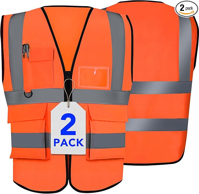 XPCARE 2-Pack Hi Vis Reflective Safety Vest with Pockets,High Reflective Strips Zipper Work Vest for Men and Women,Orange(X-Large)