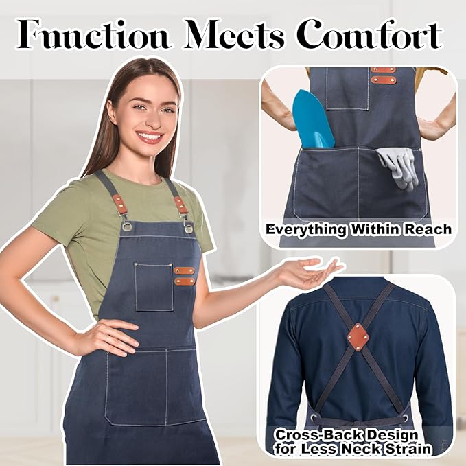 Chef Apron for Men Women with Pockets,Cross Back Cotton Canvas Plus Size Apron for Cooking BBQ Baking Gardening