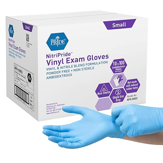 MED Pride Latex Free, Powder Free, Non Sterile Nitrile Vinyl Ambidextrous Single Use Medical Exam Gloves for Cooking, Cleaning (Small 1000)