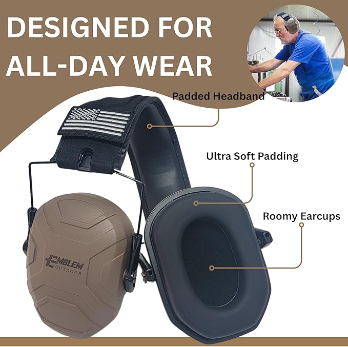 Shield XT Shooting Ear Protection for Gun Range | NRR 24dB | Construction Hearing Protection for Adults and Kids | Slim Noise Reducing Ear Muffs for Sport and Safety (Brown) by Emblem OD