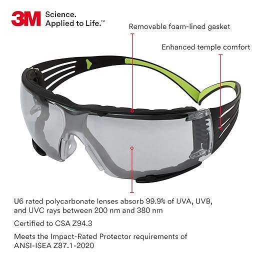 3M Safety Glasses for Men and Women, SecureFit 400, ANSI Z87 Eye Protection, Indoor/Outdoor Anti-Scratch Mirror Lens, Green/Black Frame, Removable Foam Gasket, Flexible Temples, UV Protection