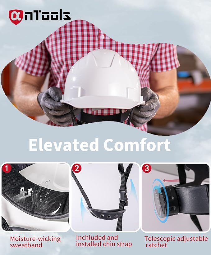 White Cap Style Hard Hat, OSHA Construction Work Approved, 4-Point Adjustable Suspension, ANSI Z89.1