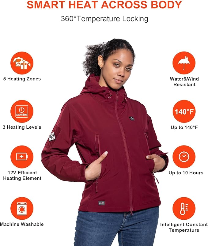 DEWBU Heated Jacket for Women with 12V Battery Pack Winter Outdoor Soft Shell Electric Heating Coat