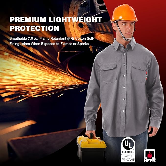 SKSAFETY 7oz FR Shirts for Men, Welding Shirt Hi Vis Flame Resistant 100% Cotton Fire Retardant Longsleeve Shirt CAT2/NFPA