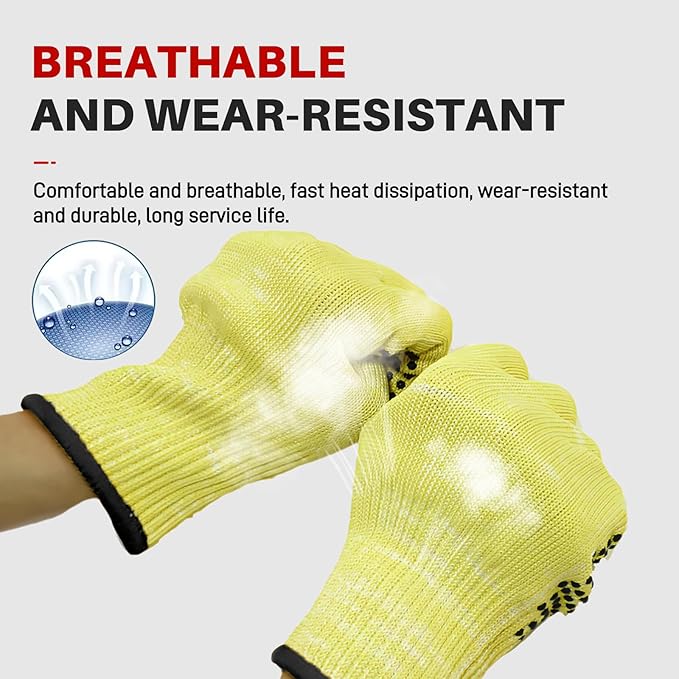 Heat Cut Resistant Gloves,Aramid leather Oven Gloves with Fingers,Heat Resistant Up to 450°F, Thick Knit Grill Mitts (silicone beads, Medium)