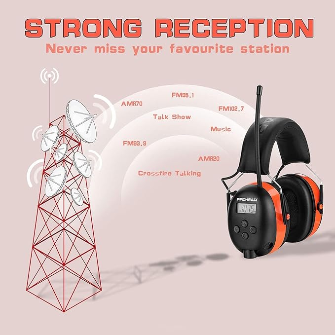 PROHEAR 027 AM FM Radio Headphones with Digital Display 2 pack, 25dB NRR, Safety Ear Protection Earmuffs for Mowing, Snowblowing, Construction, Work Shops - Orange and Green