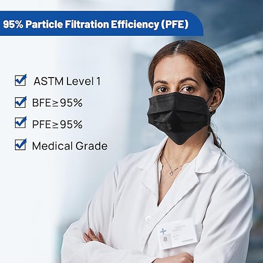 JMU 1000pcs Disposable Face Masks Black, ASTM Level 1, 3-ply Protection Medical Masks