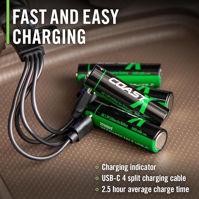 Coast AA USB-C Rechargeable Batteries, ZITHION-X, Lithium Ion 1.5v 2400 mAh, Long Lasting, Charges Under 2.5 Hours, Charging Cable Included, 12-Battery Pack