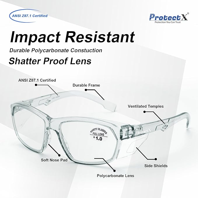 ProtectX Stylish Anti-Fog & Scratch-Resistant Safety Glasses With Readers, UV Protection Goggles, Anti-Impact Lightweight Glasses for Men＆Women Charcoal Reading 1.0-2 Pack