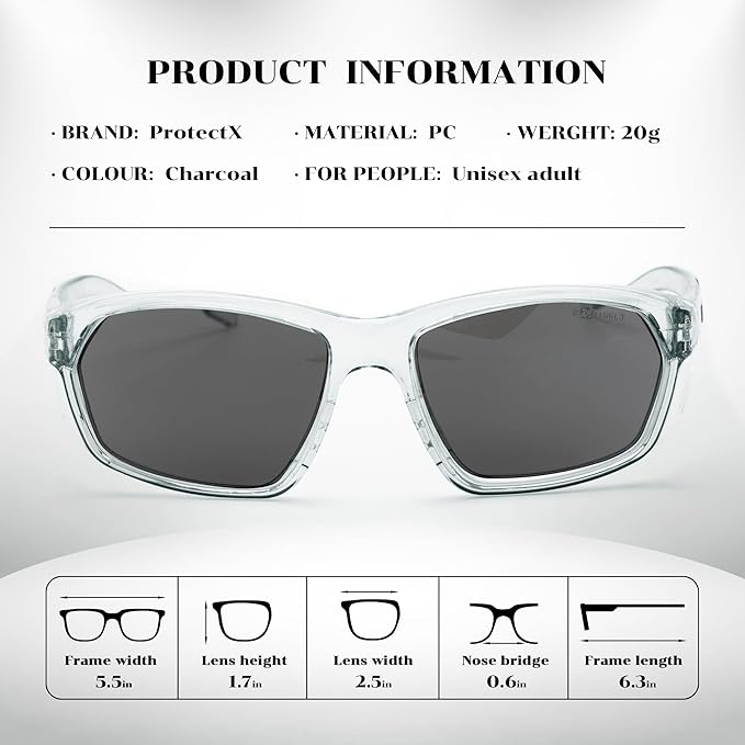 ProtectX Stylish Anti-Fog & Scratch-Resistant Safety Glasses With Readers, UV Protection Goggles, Anti-Impact Lightweight Glasses for Men＆Women Charcoal Tinted Smoke