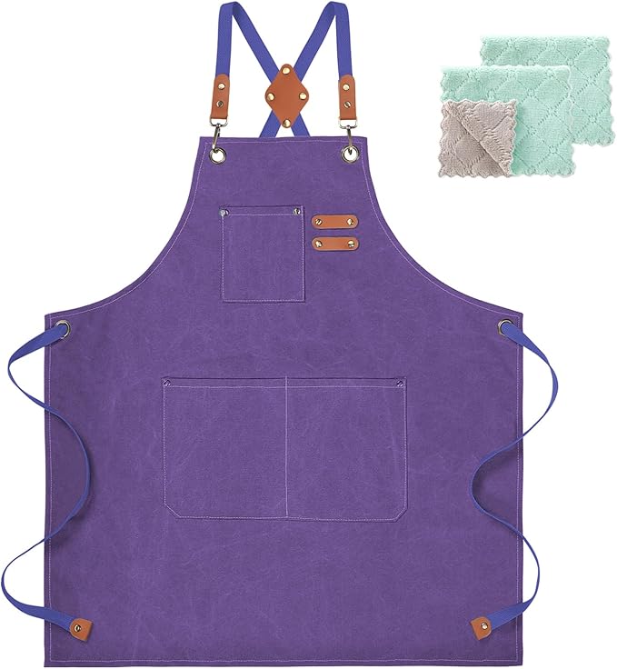 Chef Apron, Cotton Canvas Cross Back Apron with Pockets for Women and Men,Adjustable Strap and Large Pockets Apron,Kitchen Cooking Baking Bib Apron