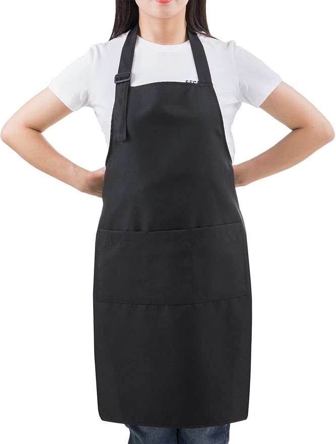 (5 set Black Professional Resist Water Adjustable Extra Long Bib Apron 3 Pockets Home Kitchen Garden Restaurant Cafe Bar Pub Bakery for Cooking Chef Baker Servers Craft Unisex