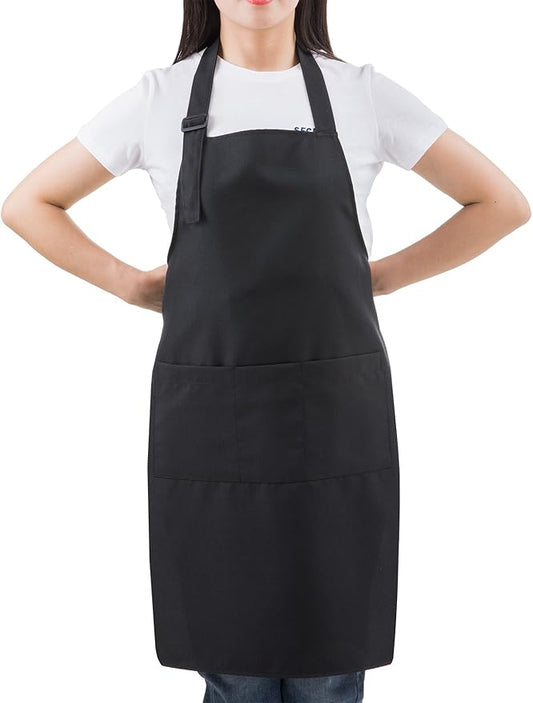 (5 set Black Professional Resist Water Adjustable Extra Long Bib Apron 3 Pockets Home Kitchen Garden Restaurant Cafe Bar Pub Bakery for Cooking Chef Baker Servers Craft Unisex