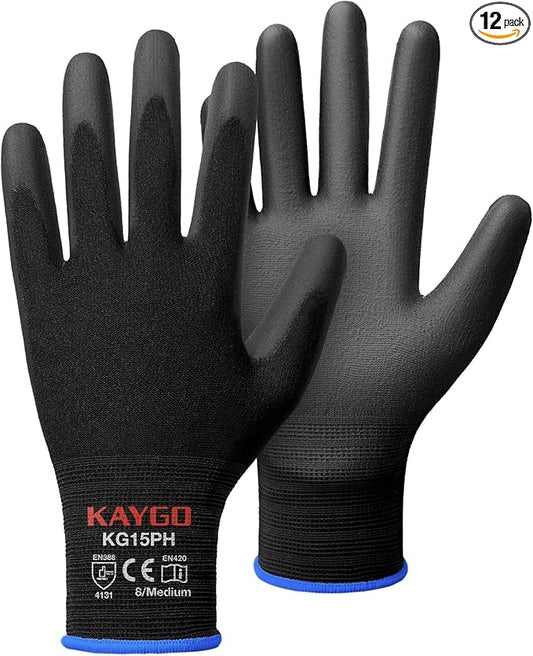 KAYGO Work Gloves PU Coated 12 Pairs, KG15P,Nylon Liner with Flexible Polyurethane Coating,Safety Work Gloves for DIY, Assembly, Warehouse, Light Duty Work (M,Black)