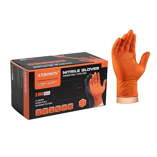 10mil Nitrile-Gloves Disposable-Orange Chemical-Resistant Rubber - Mechanic Gloves Heavy Duty, Latex Free, Diamond Grip (100, Medium)