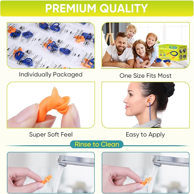 TICONN 48 Pairs Reusable Silicone Ear Plugs for Sleeping Noise Cancelling, 25dB NRR Corded Earplugs for Study Concentration Travel (48 Pairs)