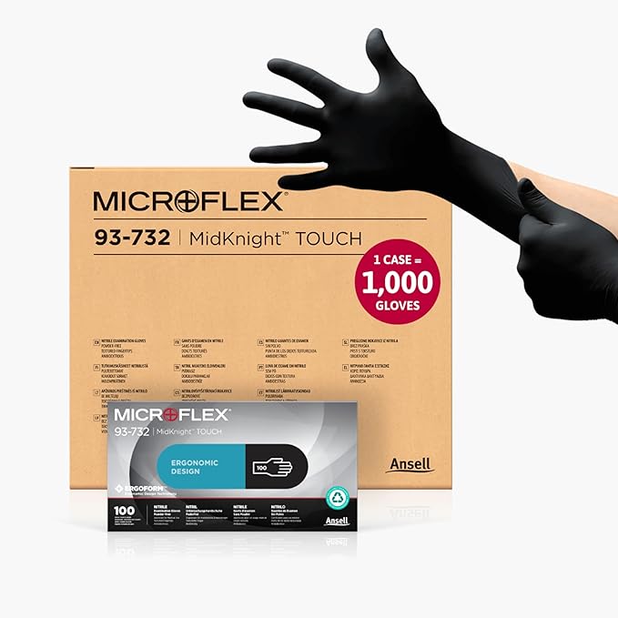 Ansell MICROFLEX Midknight Touch 93-732 Disposable Nitrile Exam Gloves for Auto, Tattoo, Dentistry, Catering, 4.3 mil - Medium, Black (Case of 1000)