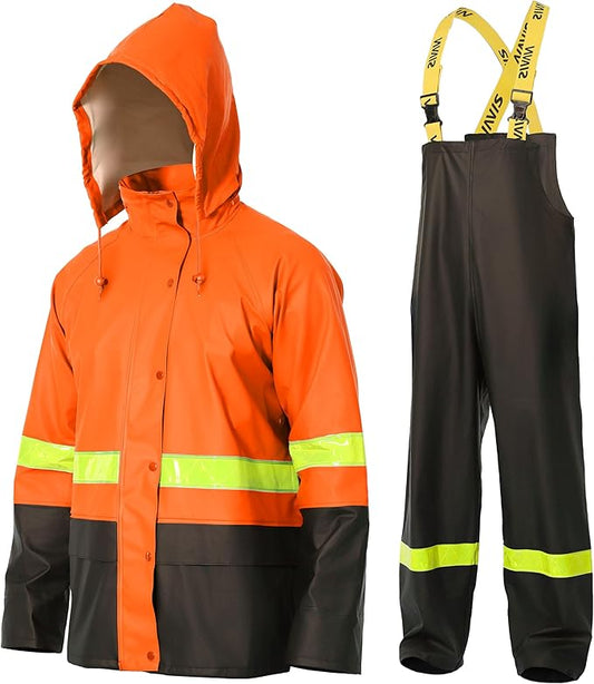 Men's Workwear PRO Rain Suit - Waterproof Jacket and Bib Pants 3-piece Set for Ultimate Safety and Comfort