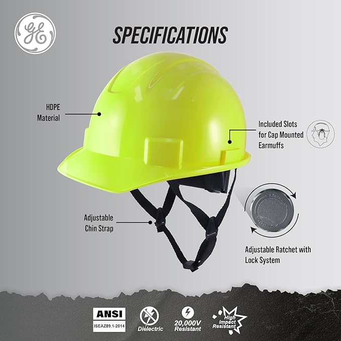 GE Cap Style Hard Hat, 4-Point Ratchet Suspension, Earmuff Slots, High Impact Resistant, Sweat-Wicking Sweatband, Meets ANSI Z89.1-2014, Comfortable, and Protective - Hi-Vis Lime, Non-Vented