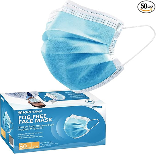 Jointown Anti-fog 3-ply Disposable Face Mask, Face Mask with Efficient Filter Media for Adult, Adjustable and Soft Nosepiece, Box of 50 pcs