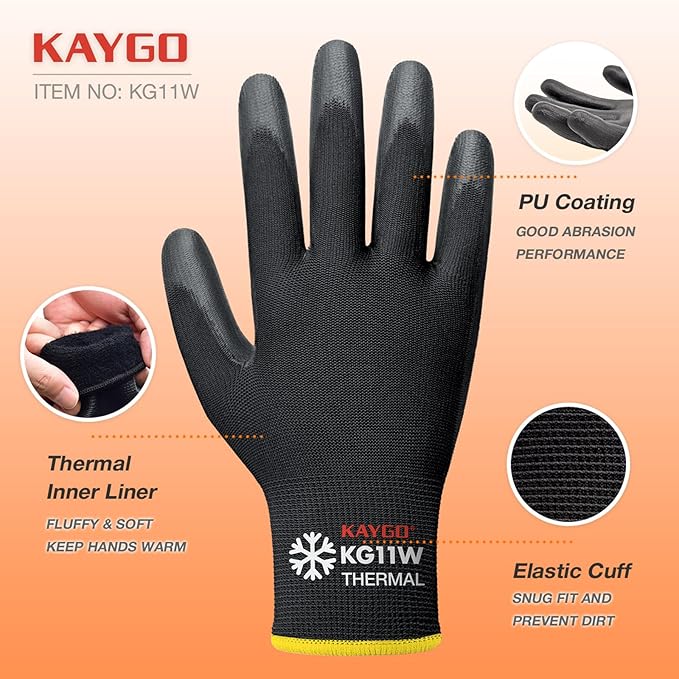 KAYGO Winter Work Gloves for Men and Women, 12 Pairs Thermal Insulated Safety Work Gloves PU Coated, Smooth Grip on Palm & Fingers,Ideal for Freezer Work,Black,XL